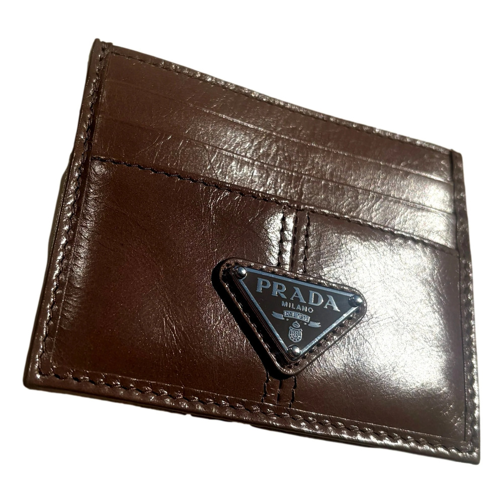 Prada Soft Lux Leather Triangle Logo Card Holder Wallet Argilla